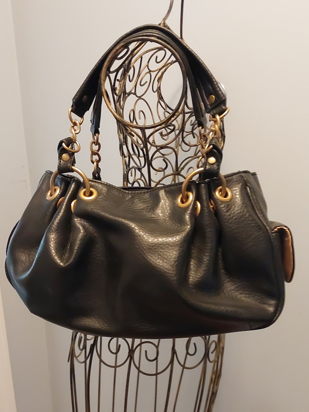 Black Leather Tote Handbag with Gold Hardware